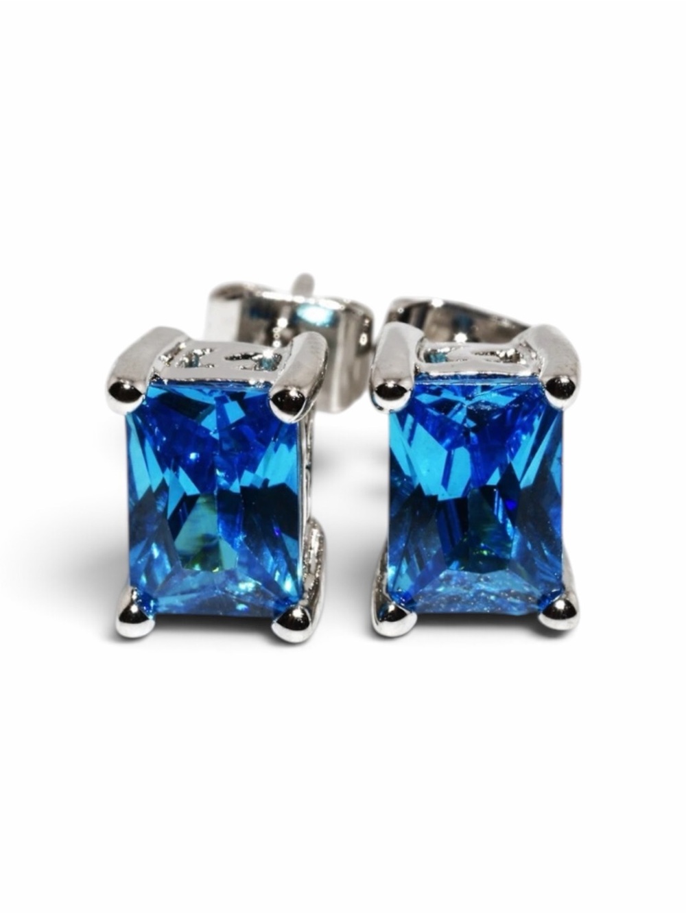 Blue Cubic Zirconia Stud Earrings 2.75ctw Rectangle Cut Sterling Silver 6.35mm